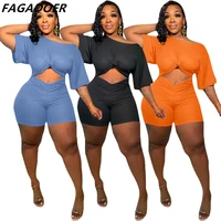 fagadoer solid ruched short sleeve rompers women jumpsuit shorts hollow out sexy summer 2022 new fashion streetwear clubwears