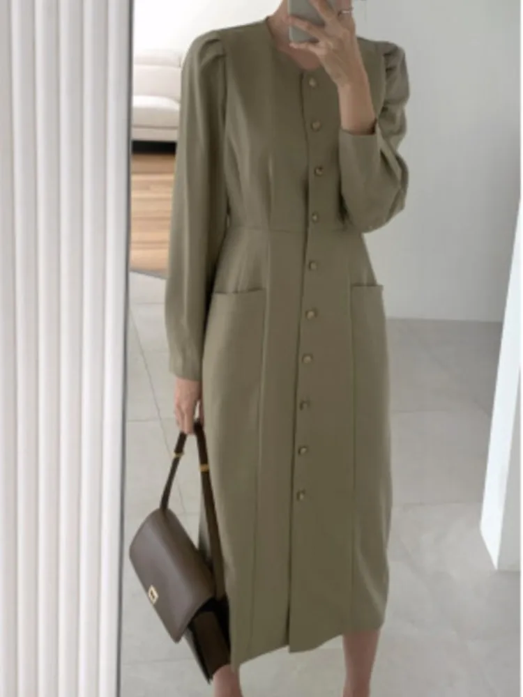 

New Women Korean Fashion Dress 2022 Autumn Office Lady French Style Long-Sleeved Solid Vestdios Clothes