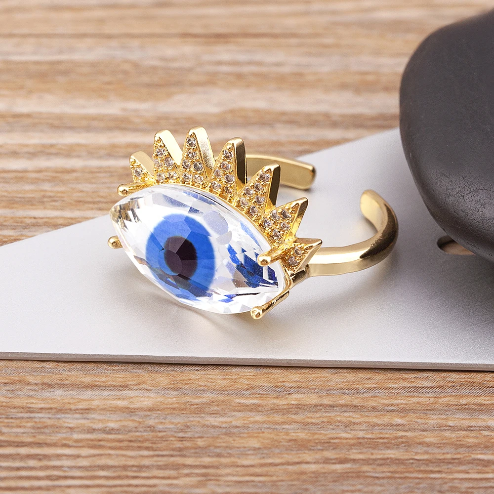 

Trendy Design Bohemian Lucky Colorful Evil Eye Transparent Rhinestone Opening Adjustable Ring Womem Elegant Jewelry Fine Gift