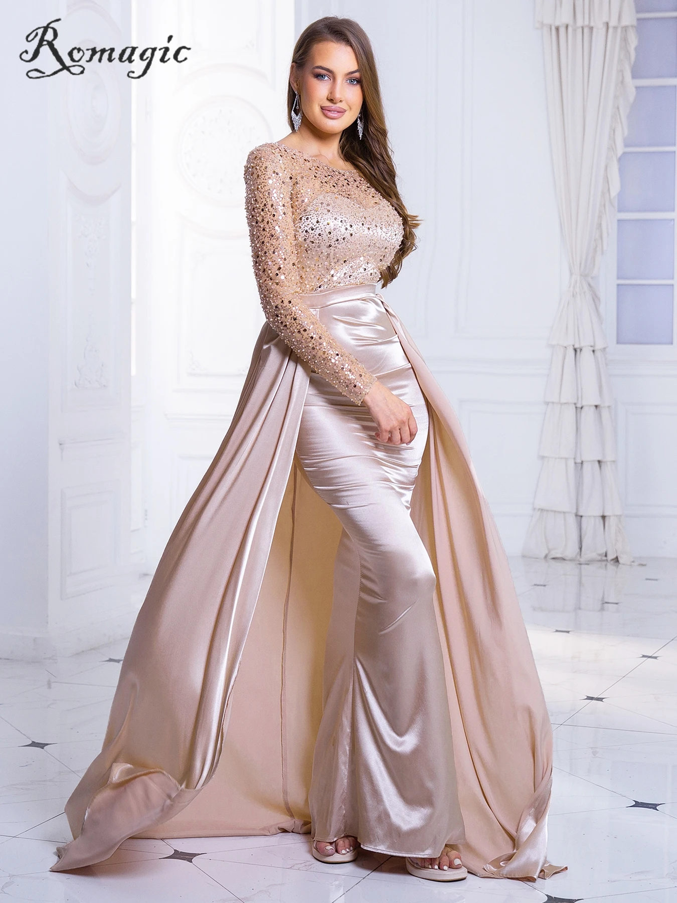 

Romagic Modest O Neck Full Sleeve Exquisite Evening Prom Dress Sequin Pearls With Long Train Gold Women Wedding Party Gown