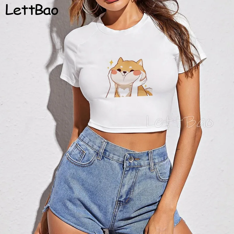 Женский короткий топ с круглым вырезом и коротким рукавом |