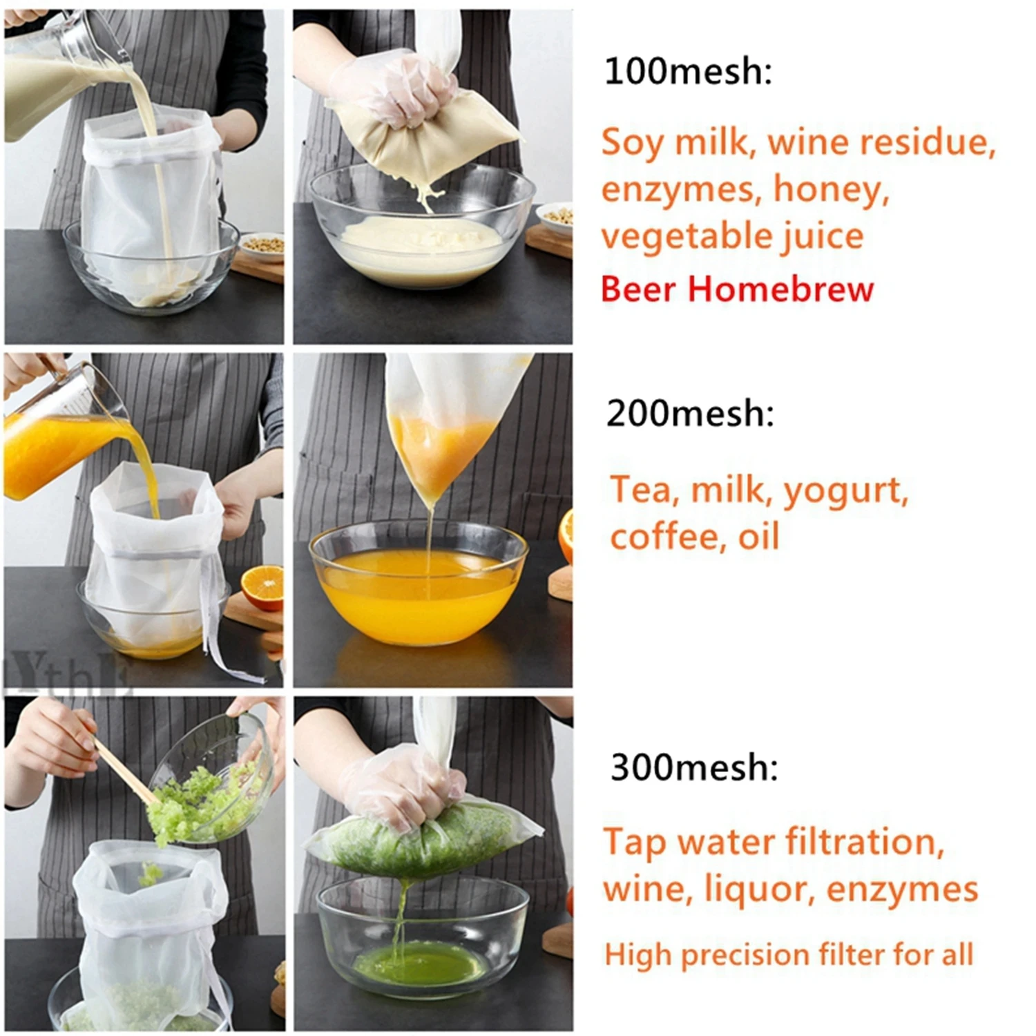 100/200/300 Mesh Reusable Nylon Filter Bags Net milk tea wine soy Coffee Filter Strainer Bag Screen Drain For Food Cheese Cloth images - 6