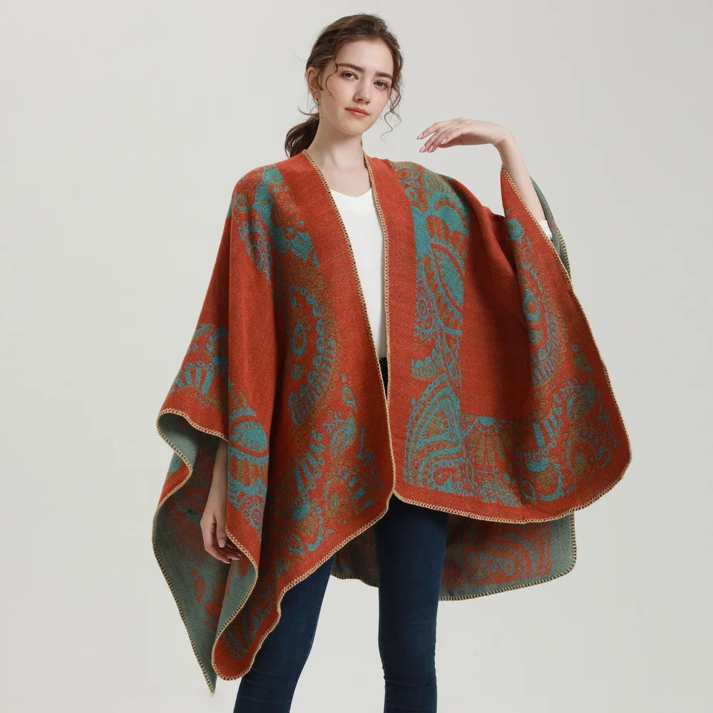 

2022 New Women Shawl Autumn and Winter Thickening and Warm Classic Cashew Flower Split Large Shawl Foreign Trade Cloak Pashmina