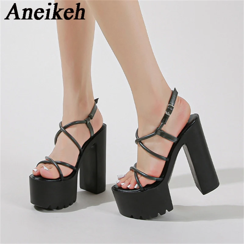 

Aneikeh 2024 модные пикантные сандалии с узкими ремешками и перекрестными ремешками, женские сандалии из искусственной кожи на платформе и толстом каблуке, очень высокие каблуки, яркие шарики
