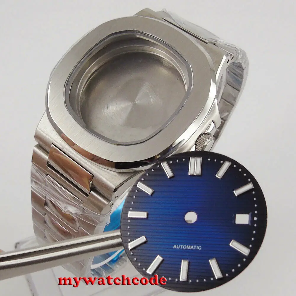 Square 40mm Steel Solid Watch Case Blue Dial (Case+Bracelet +Dial) Fit Eta 2824 miyota 8215 NH35A NH36A movement