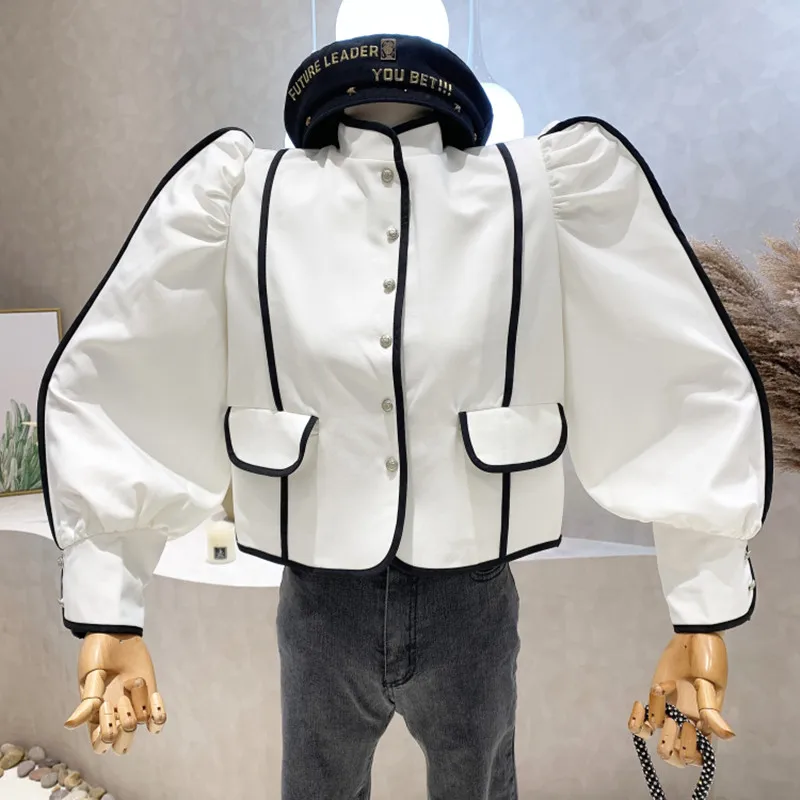 

Niche Design New Women's Clothing 2022 Spring Stand Collar Design Single Breasted Loose Puff Sleeve Short Coat Shirt Top