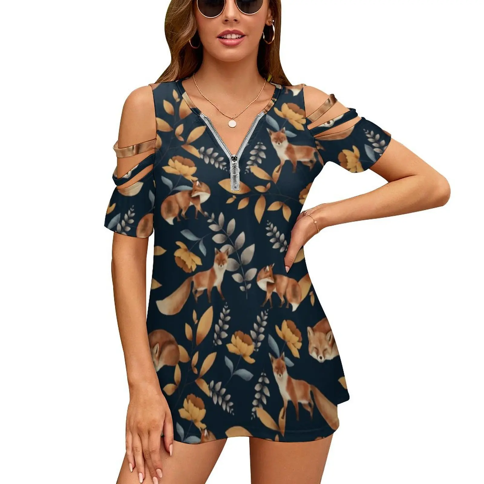 

Cute Fox Print T Shirts Wild Animal Casual V Neck T-Shirt Sexy Short Sleeve Oversize Tee Shirt Summer Custom Womens Tops