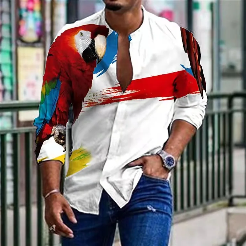 

2022 Spring Men Shirts Baggy Parrot Butterfly Ink Print Long Sleeve Top Hip Hop Vintage Loose Oversized Shirts For Male Clothes