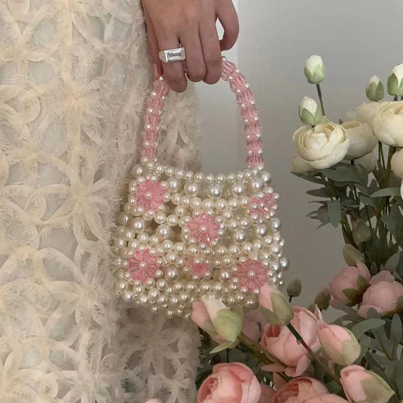 Fashion Daisy Pearl Bag Women's Casual Cutout Flower Beaded Handbag Woman Summer Cute Small Tote Female Lovely Purses 2023 New