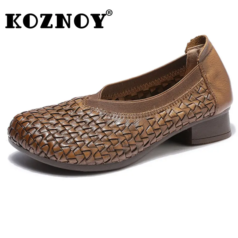 

Koznoy 3cm Ethnic Reteo Checkered Weave Cow Genuine Leather Summer Comfy Women Soft Soled Flats Oxfords Breathable Slip on Shoes