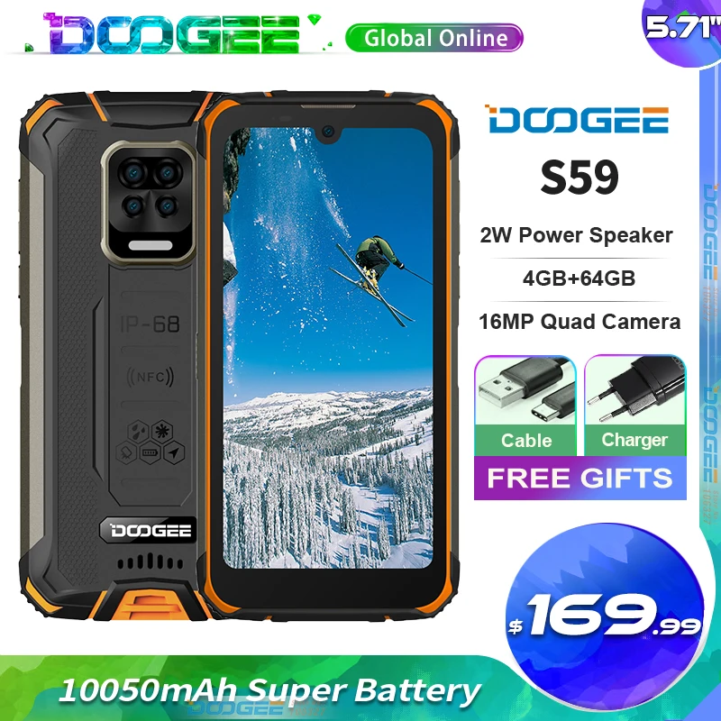 

Doogee S59 Rugged Cell Phone 10050mAh Super Battery 4GB+64GB 5.71'' Android10 2W Powerful Speaker NFC Face Unlock Mobile Phone