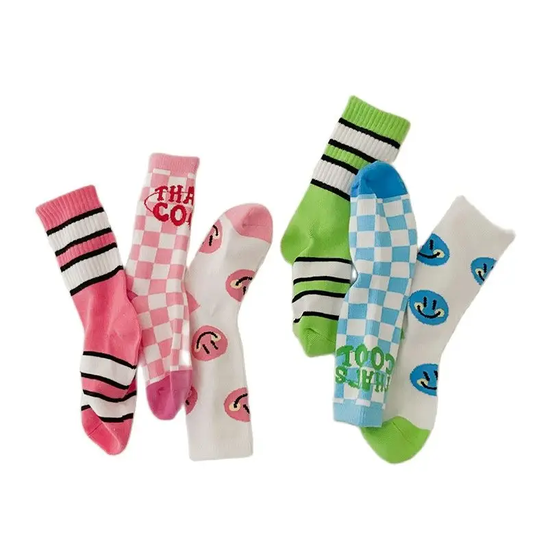 

3Pairs Pack 1-8 Year 2023 spring mid-tube socks smiley sports trendy socks boys and girls socks