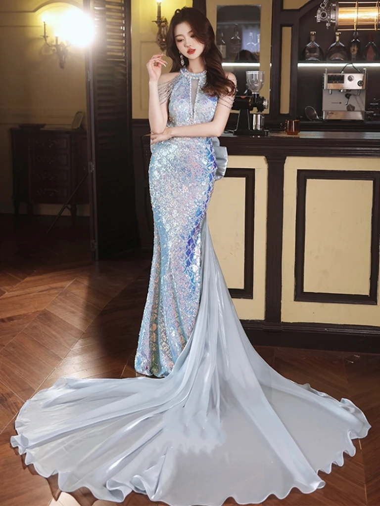 

Женское облегающее платье с юбкой годе, синее платье в пол без рукавов с блестками, лето 2019