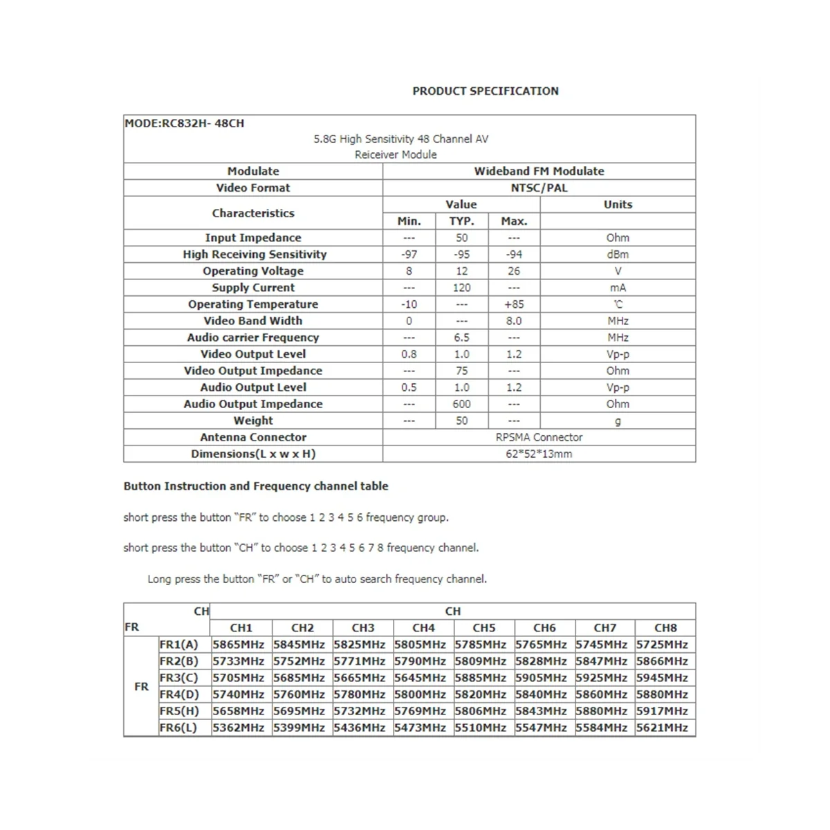 RC832H 5 8G 48CH видеоприемник 12 В автоматический поиск каналов для TS832 TS5823 TS5828 RC самолет