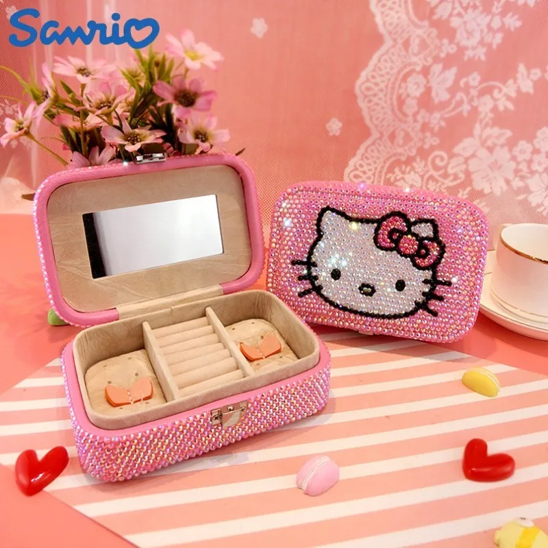 

Sanrio Hello Kitty Creative Cartoon Jewelry Box Sticking Diamond Cute Jewelry Bag Earnail Necklace Storage Box For Friends Gifts