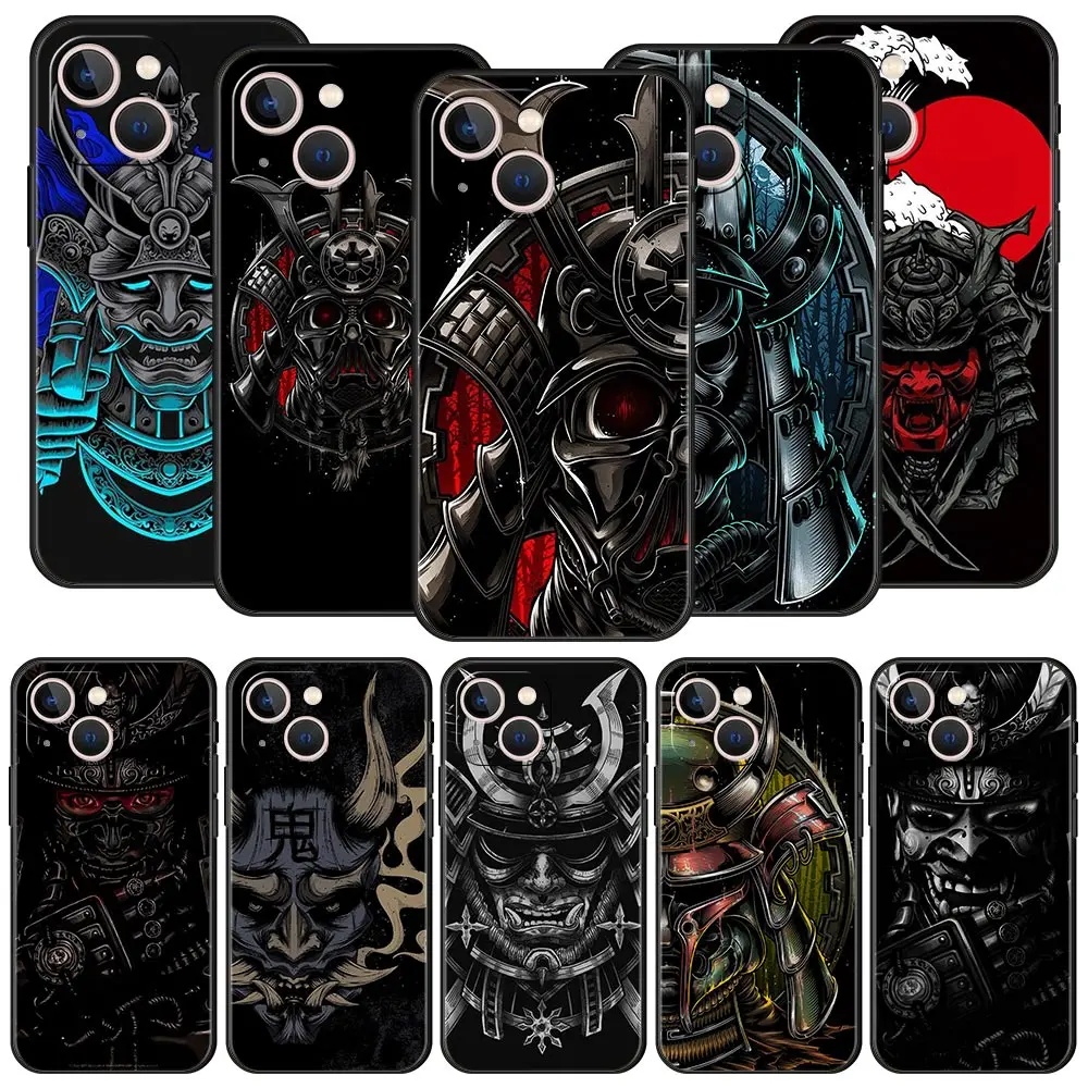 

Samurai Oni Mask For iPhone 11 12 13 14 Pro Max Mini Phone Case X XR XS 7 8 Plus SE 2020 Luxury Black Soft Silicone Cover Funda