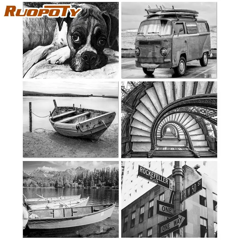 

RUOPOTY Oil Painting By Number Black White Scenery Handmade Painting By Number Creative Painting Home Decor