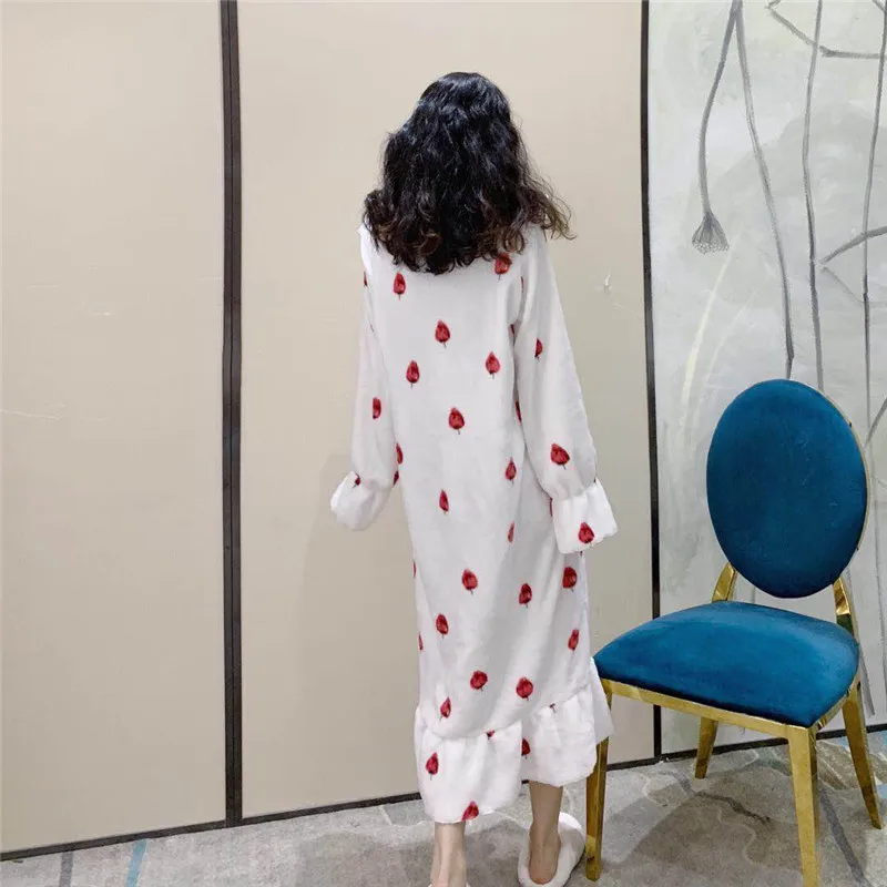 Polka Dot Flannel Ruffle Lace Nightdress Women 2021 Winter Loose Cute Korean Home Clothes Long Sleeve Warm Sleepdress Nightgown