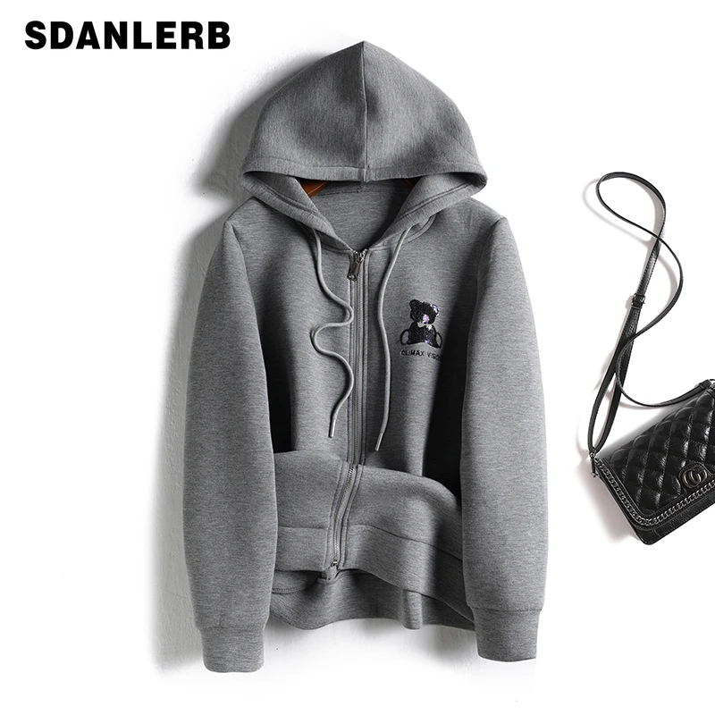 

Space Cotton Hooded Sweatshirt Women's Autumn New Embroidered Sequins Loose Long Sleeve Cardigan Jacket Casual Sports Coat