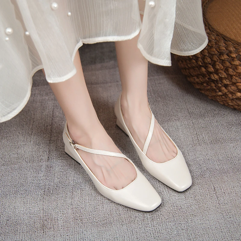 

New Women's Ballet Flats Sliver Cross-tied Flats for Woman Double Buckle Shallow Shoes White Vintage heels Spring and Autumn New