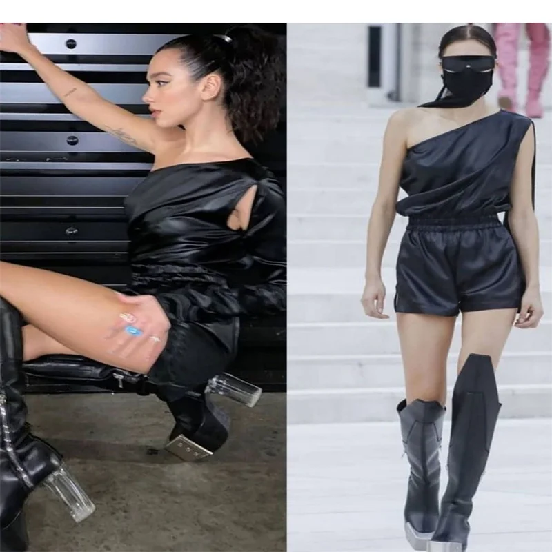 

2022 Women Motorcycle Boots Knee-High Black Leather Metal Deco Platform Squared Toe Irregular Side Zipper Runway Winter Boots