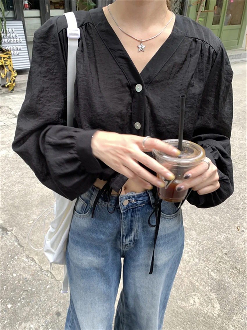 Женская Однотонная рубашка с V-образным вырезом на осень