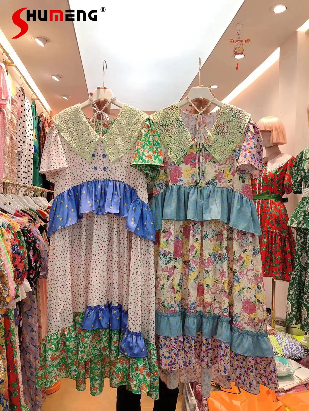 

Lace Peter Pan Collar Stitching Floral Dress 2022 Summer Short Sleeve Loose Long Dress Women's Elegant Printed Midi Dress