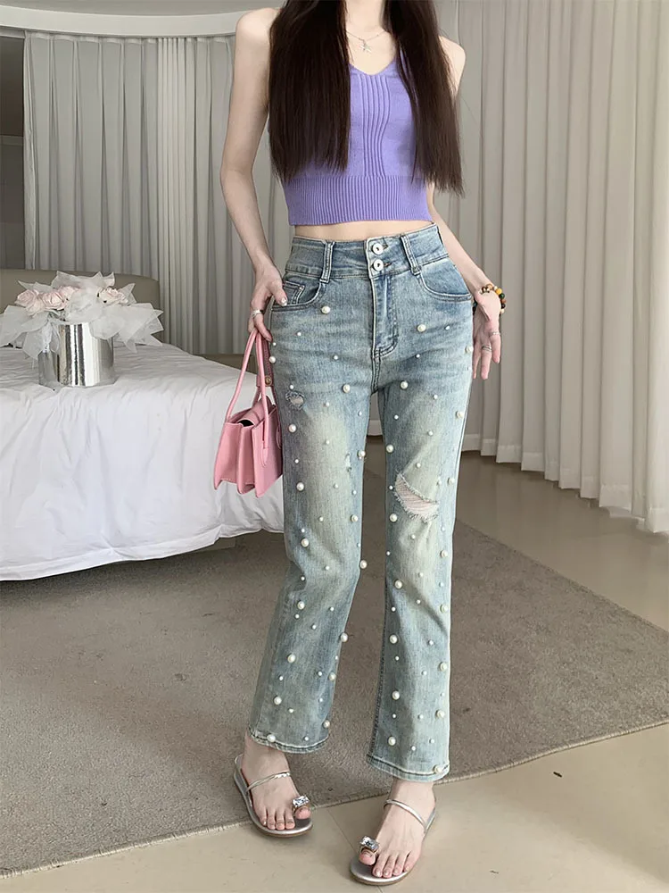

Korean Fashion Hole Jeans for Women 2023 New Heavy Industry Beads Retro Washed High Waisted Jeans Wide Leg Pants Women