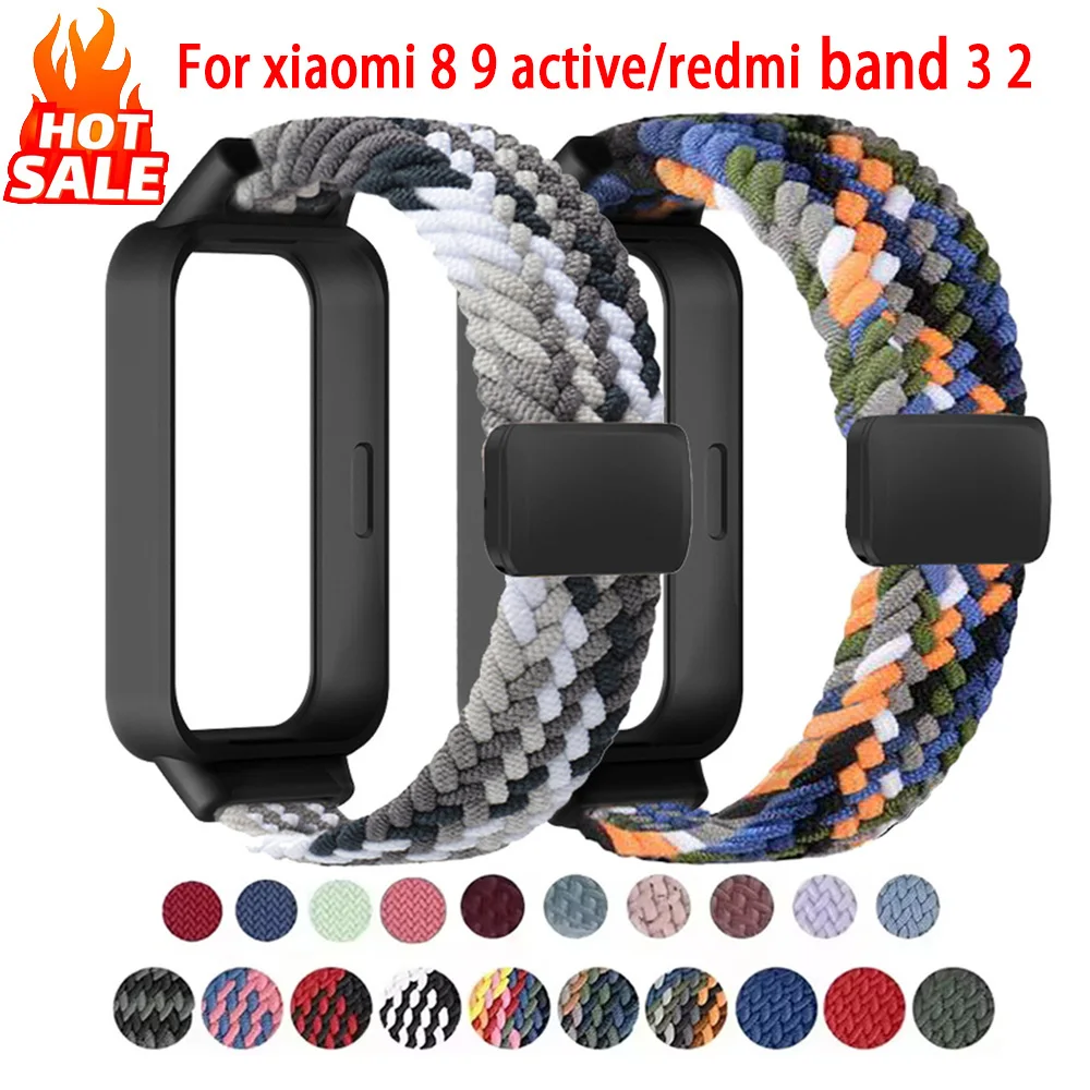 Фото Плетеный ремешок для Xiaomi Mi Band 9/8 Active, спортивный магнитный нейлоновый браслет + чехол для Redmi Band 3/2 №1