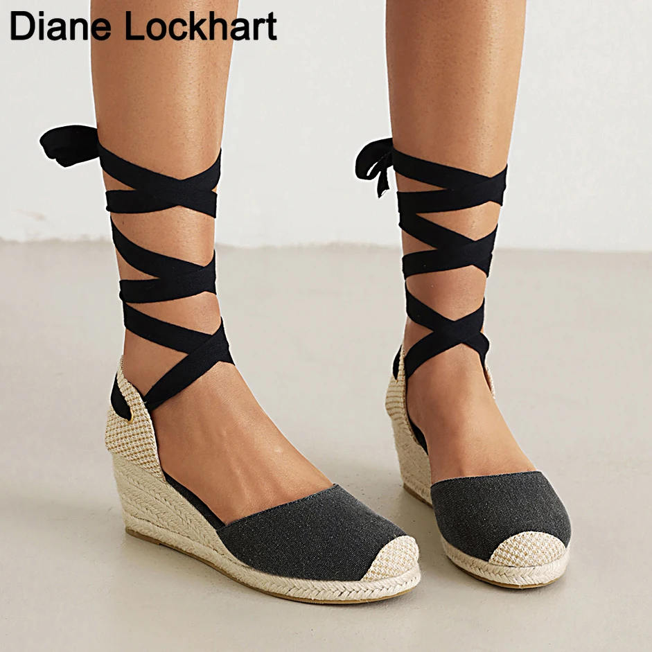 

Women's Espadrille Wedges Ankle Strap Sandals Ladies High heels Womens Casual Shoes Breathable Flax Hemp Canvas Cross-Tied Pumps