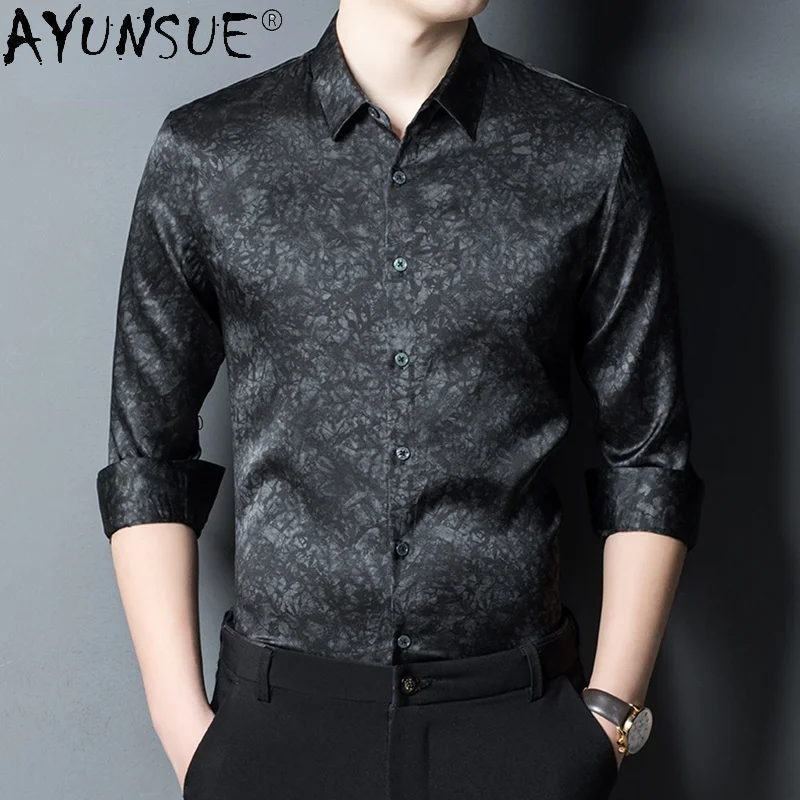 

Top Mulberry Silk Shirt Men Clothing 22 Spring Autumn New Male Social Non-iron Luxury Long Sleeve Black Print Coat Trend