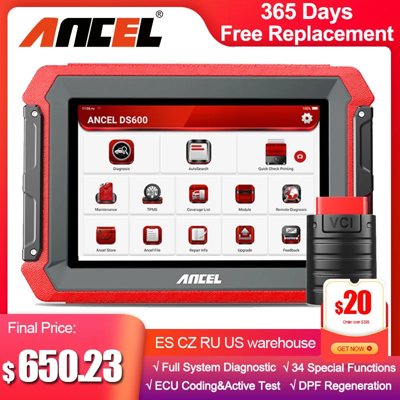 Профессиональный Автомобильный сканер ANCEL DS600 кодирование ECU DPF TPMS IMMO AF настройка OBD2, двунаправленный диагностический инструмент pk launch x431 v
