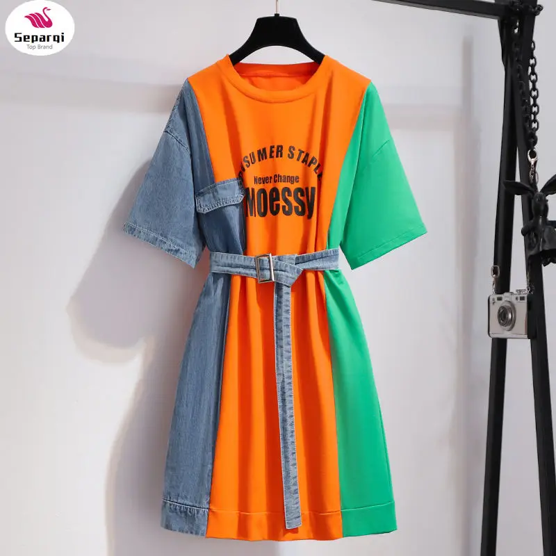 

Summer Patchwork T Shirt Dress Women Korean SEPAQI Causal Party Dress Sashes Streetwear Fake Two Piece Dress M-4XL