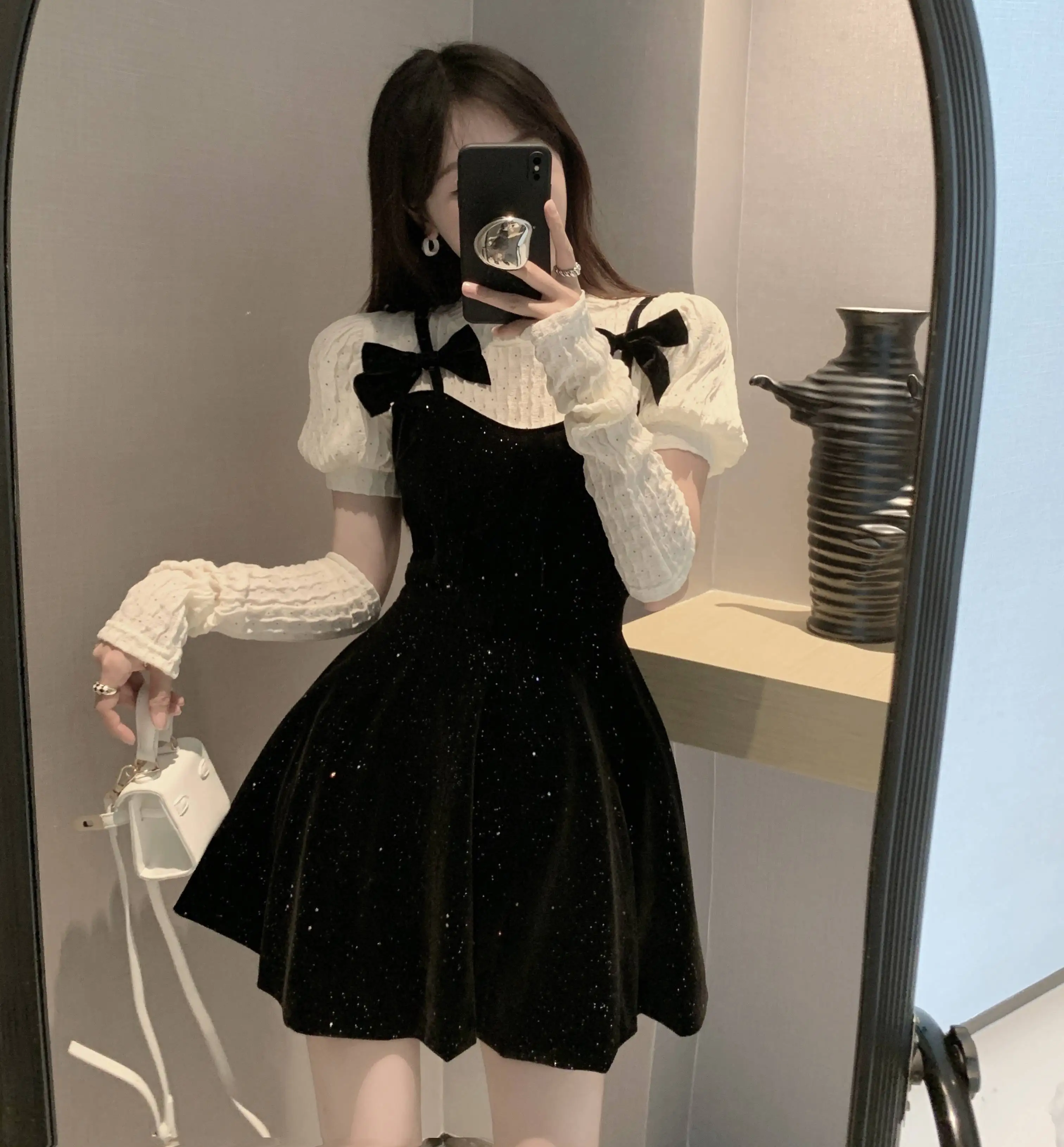 

Women Dress Spring 2022 Casual Short Sleeve Solid Chiffon Bow O-Neck Lantern Dresses Dropshipping