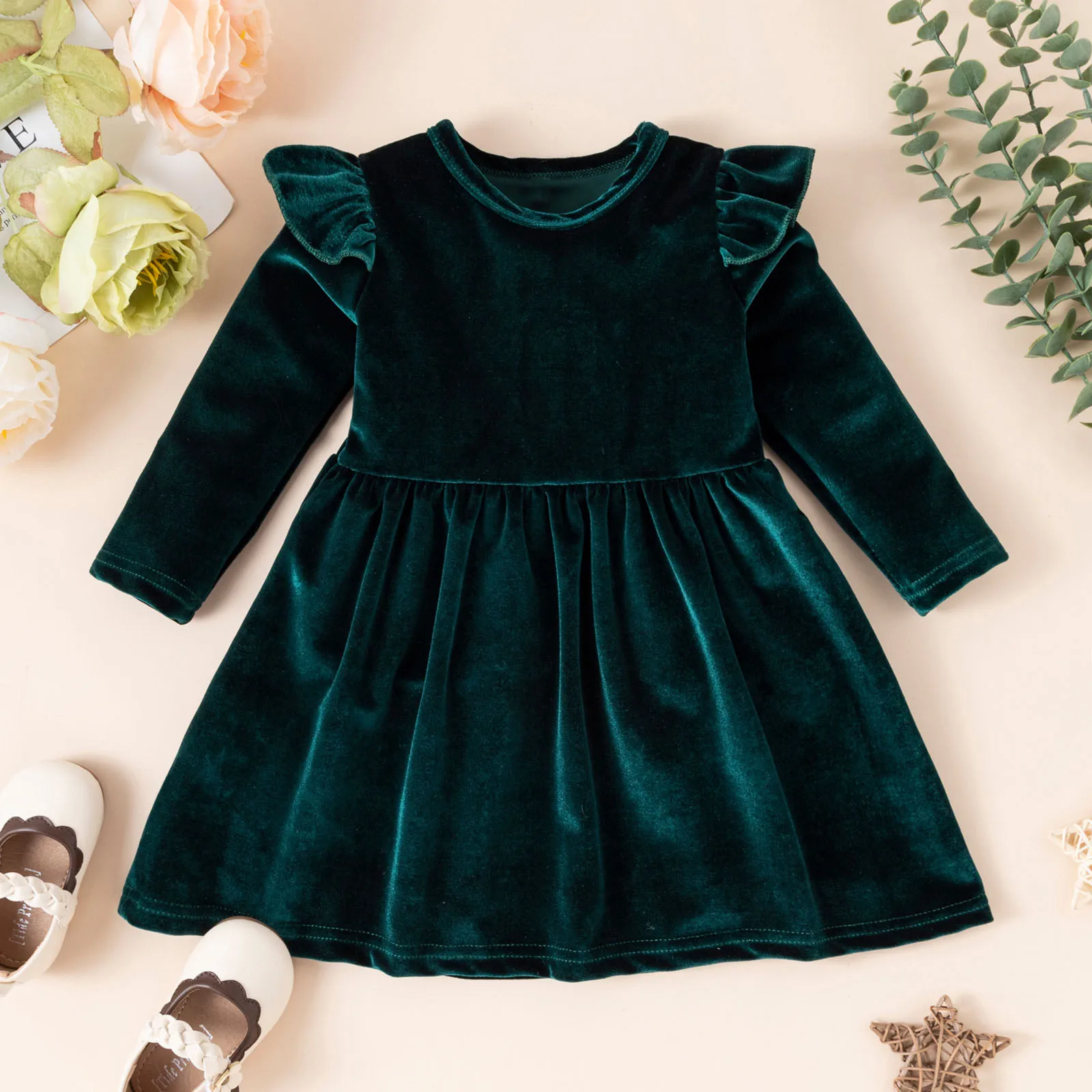1-5 Years Toddler Girls Dress Autumn Long Sleeve Party Dresses Solid Color Princess Dress Winter Velvet Dress Clothes For Girls