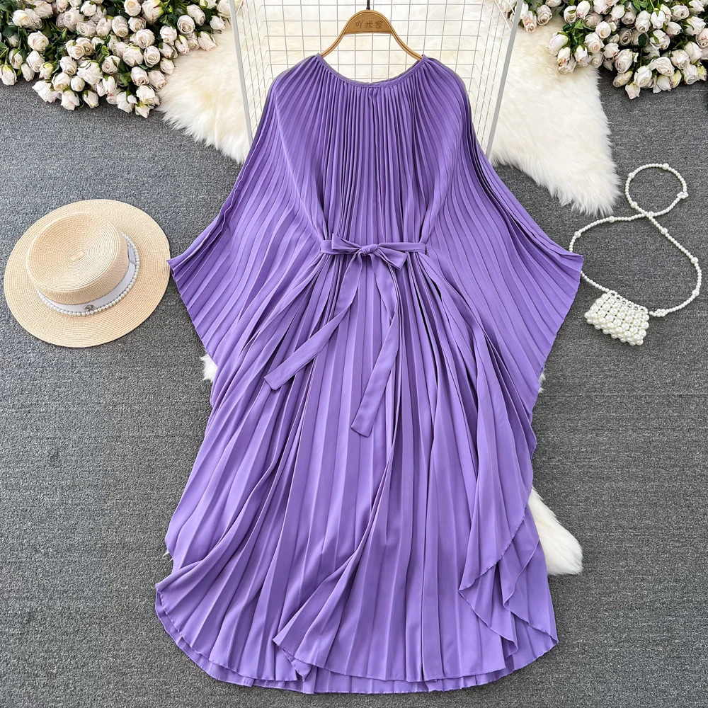

SuperAen High-end Pleated Bat Sleeves Round Neck Loose A-line Pleatedelegant Long Dress