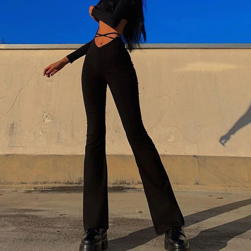 Lucyever Black Sexy High Waist Skinny Pants Women Fashion Slim Fit Lace Up Flare Pants Female Elastic Bodycon Wide Leg Trousers