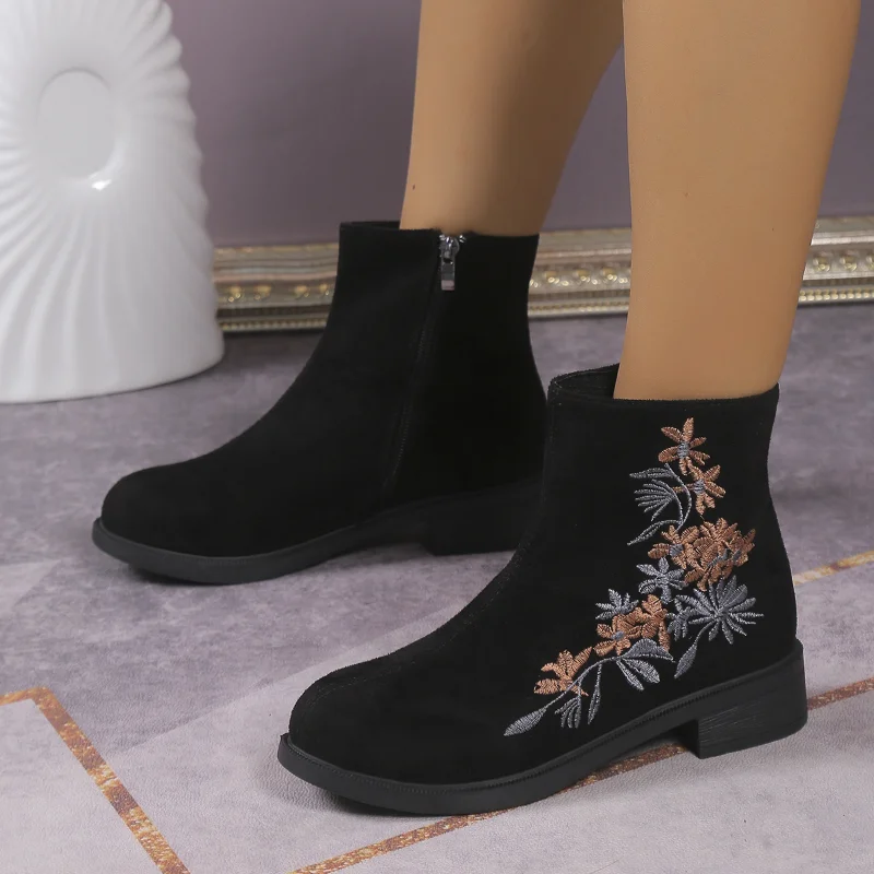 

Classic Solid Color Women's Boots Suede Embroidery Sewing Zipper Ankle Boots Female Casual Winter New Retro Fashion Ladies Shoes