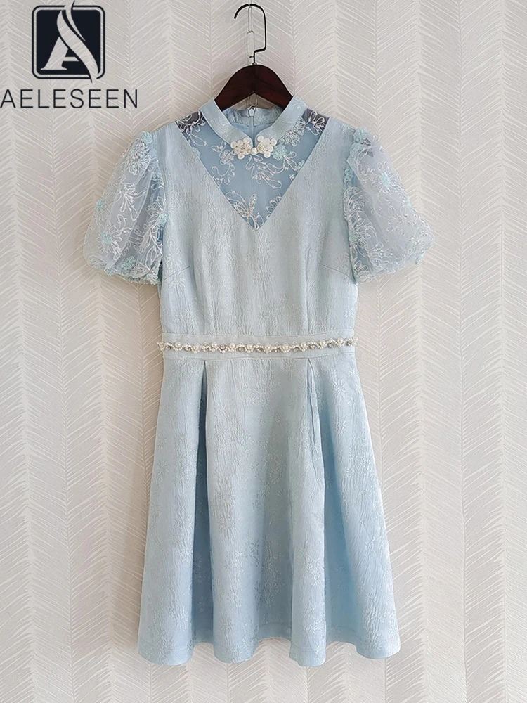 

AELESEEN Runway Fashion Blue Dress 2022 Summer Jacquard Lace Patchwork Flower Embroidery Beading Diamonds Pearls Slim Elegant