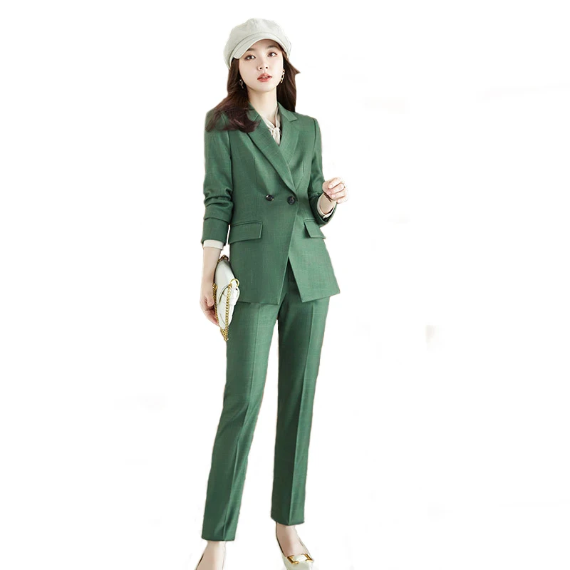 High Quality Fashion Plaid Suits Women New Business Long Sleeve Blazer and Trousers Office Ladies Formal Work Wear