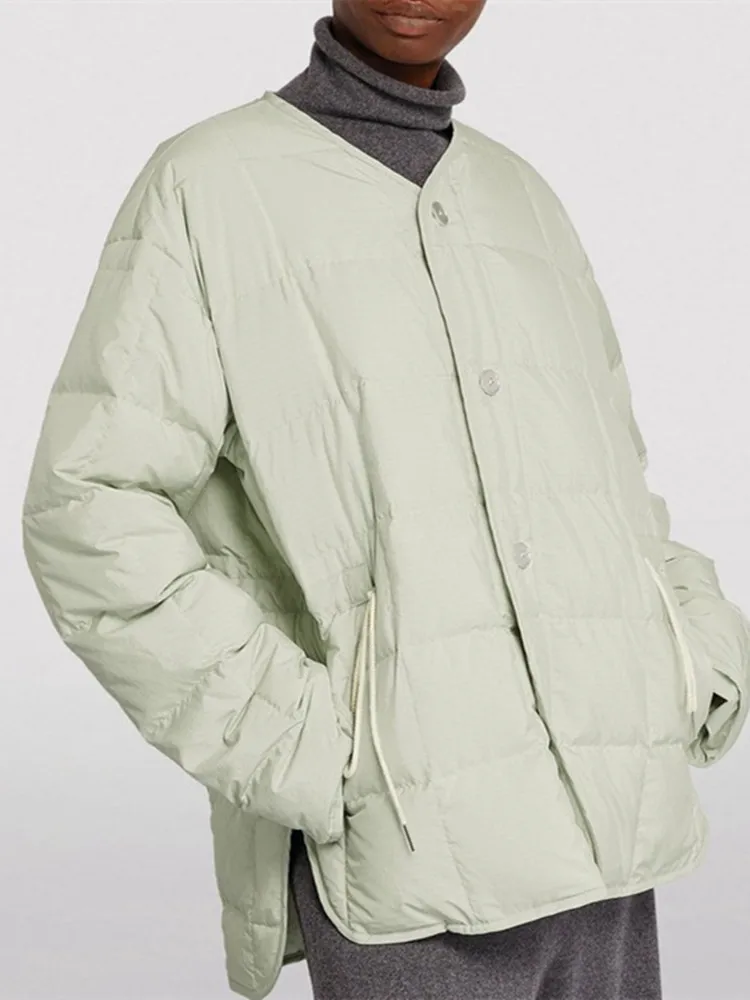 

Women's Down Jacket Plaid Drawstring Single Breasted Pockets V-Neck Long Sleeve Split Hem Warm Coat