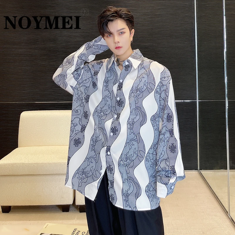 

Модная Осенняя Новинка 2023 года от NOYMEI, мужская рубашка с геометрическим цветочным принтом и свободным рукавом, однобортная рубашка с отложн...