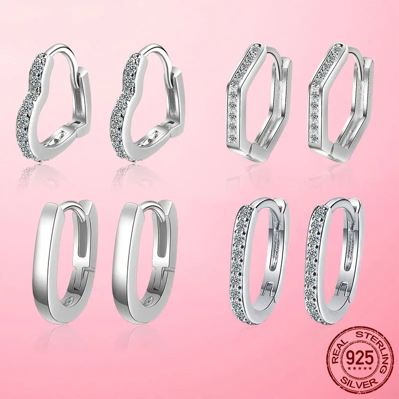 

Clear CZ Earring Female 925 Silver Heart Geometry Shape Hoop Earrings for Women Wedding Engagement Fine Jewelry Gift