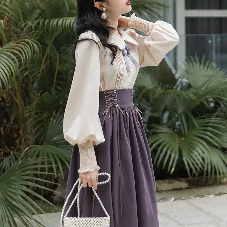 

2022 Early Spring Women's New 2 Piece Sets Female Solid Color Bow Shirt Tops and High Waist A-line Skirts Ladies Suits L63