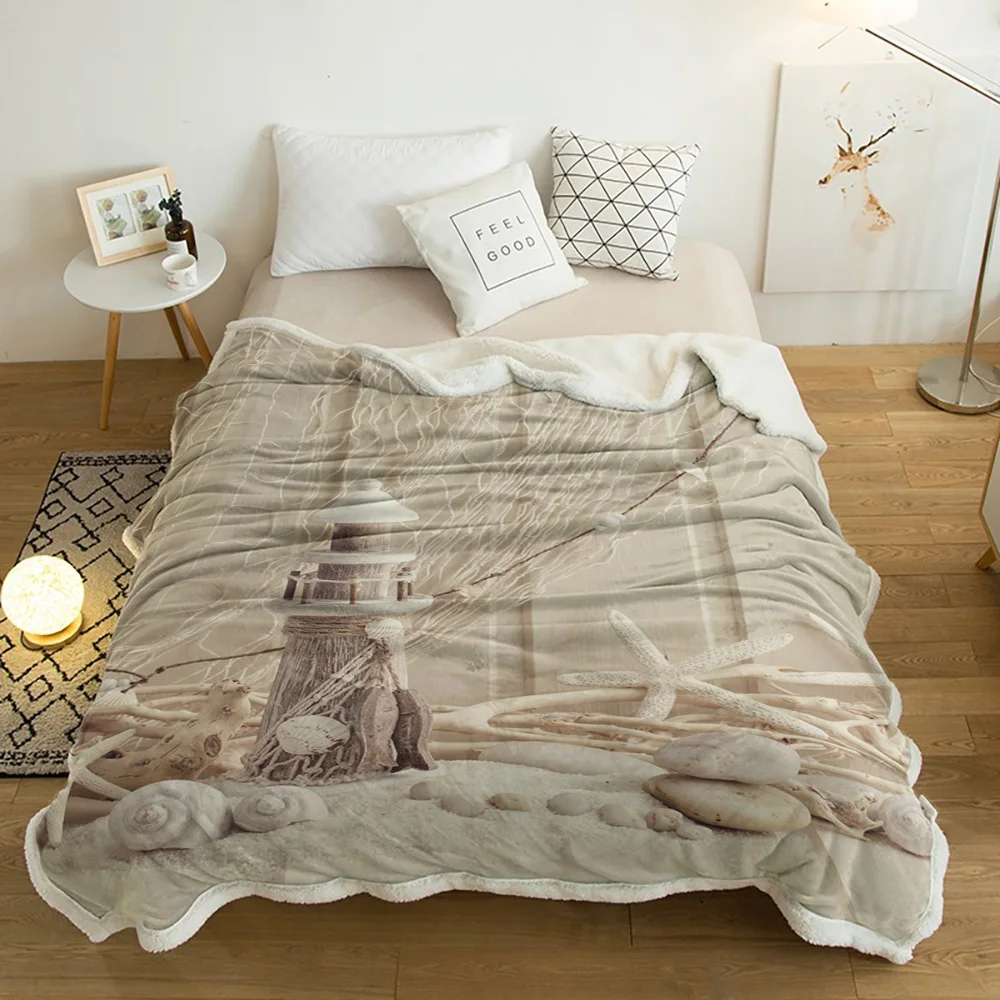 

Fishing Net Starfish Lighthouse Beach Wooden Cashmere Blanket Thick Winter Bed Lamb Blankets Office Nap Shawl Sofa Bed Bedspread