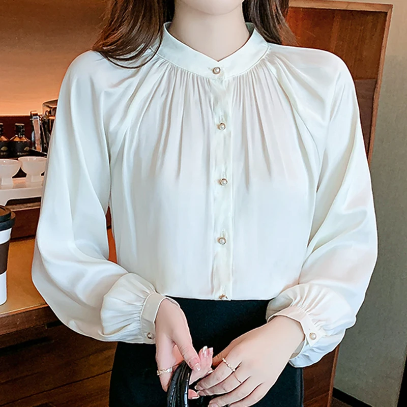 

Autumn Women's Half High Neck French Bubble Sleeve Solid Pleated Commuter Chiffon Shirt Womens Tops Blouse Women Camisa C918