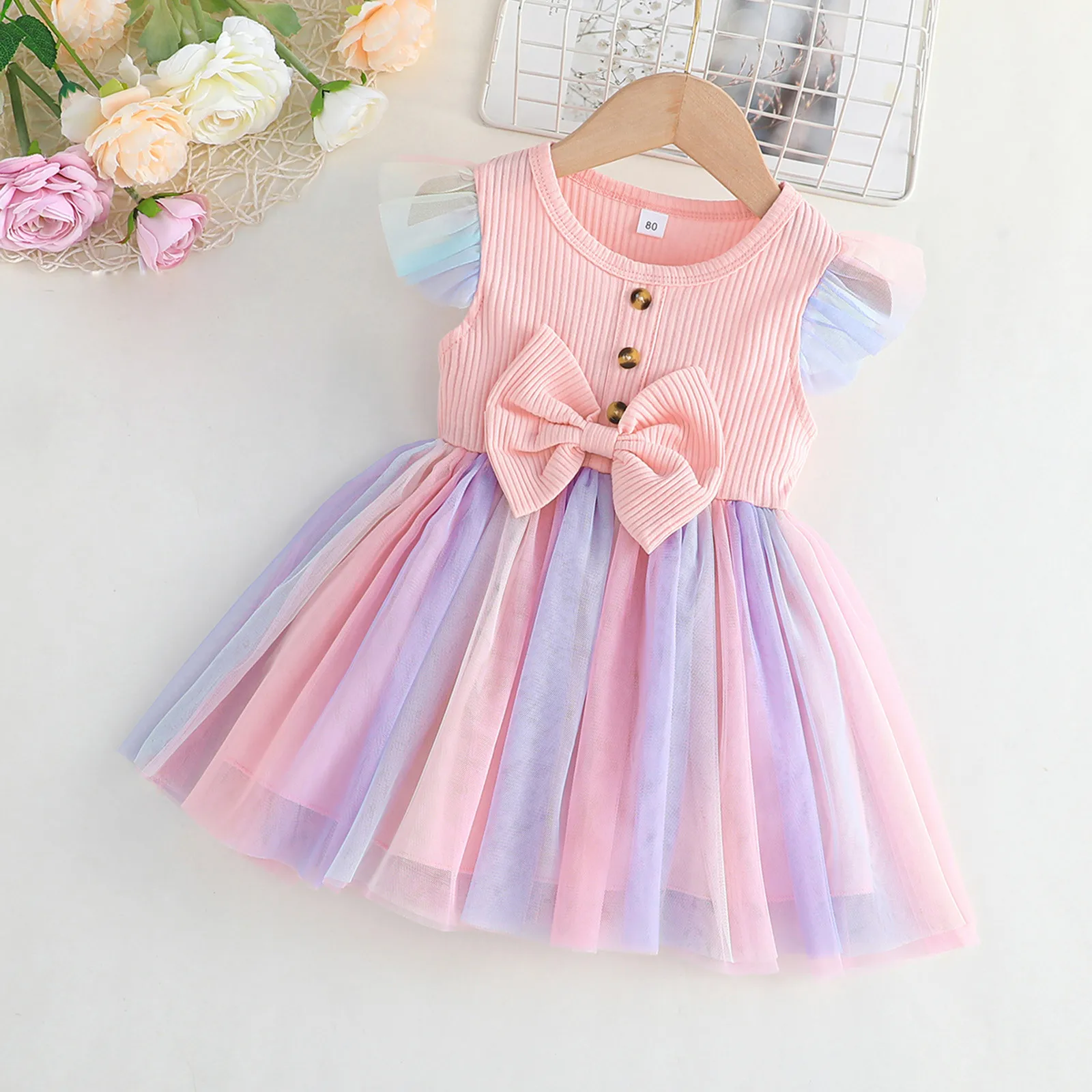 

0 1 2 3 4Y Baby Summer Dresses For Girls Ruffles Sleeve Patchwork Floral Bowknot Tulle Party Dress Kids Toddler Girl Clothing