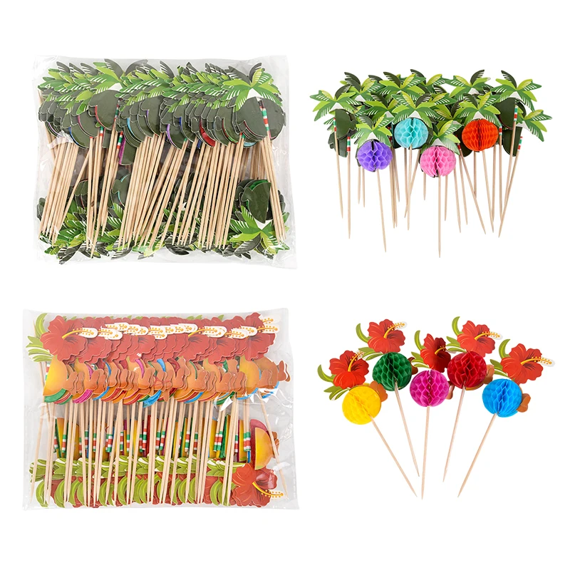 

50Pcs Tropical Flowers/Coconut Tree Honeycomb Cake Topper Decor Fruit Fork Food Salad Snack Stick Hawaiian Party Decoration