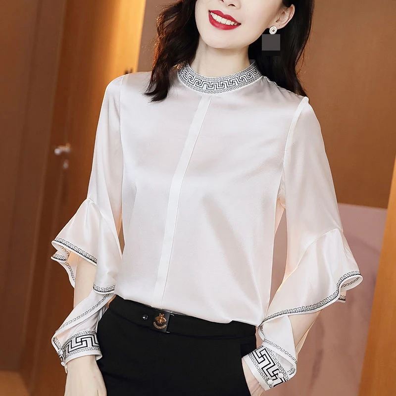 shirt ladies long-sleeved shirt 2021 summer new high-end satin silk top  blusa mujer  Casual  Solid  blouse women  O-Neck