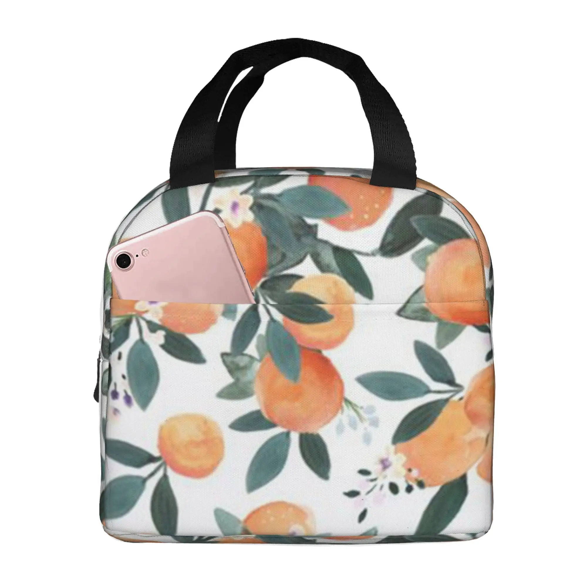 

Уважаемый клементин, апельсины на белой сумке для ланча, изолированные многофункциональные сумки-тоуты для ланча, многоразовая Термосумка-холодильник